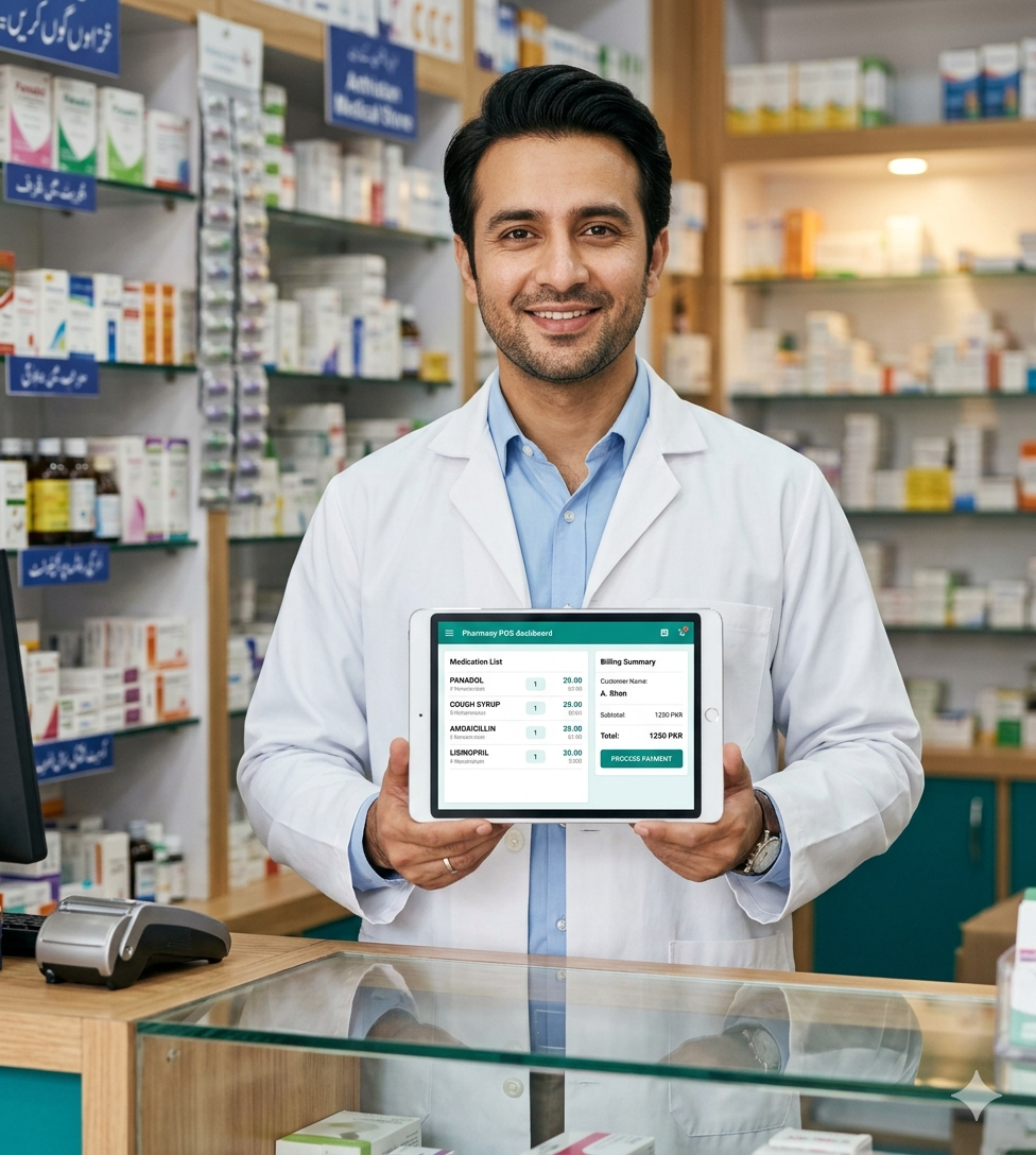 Pakistani pharmacist using DoseBook pharmacy POS on tablet at modern counter