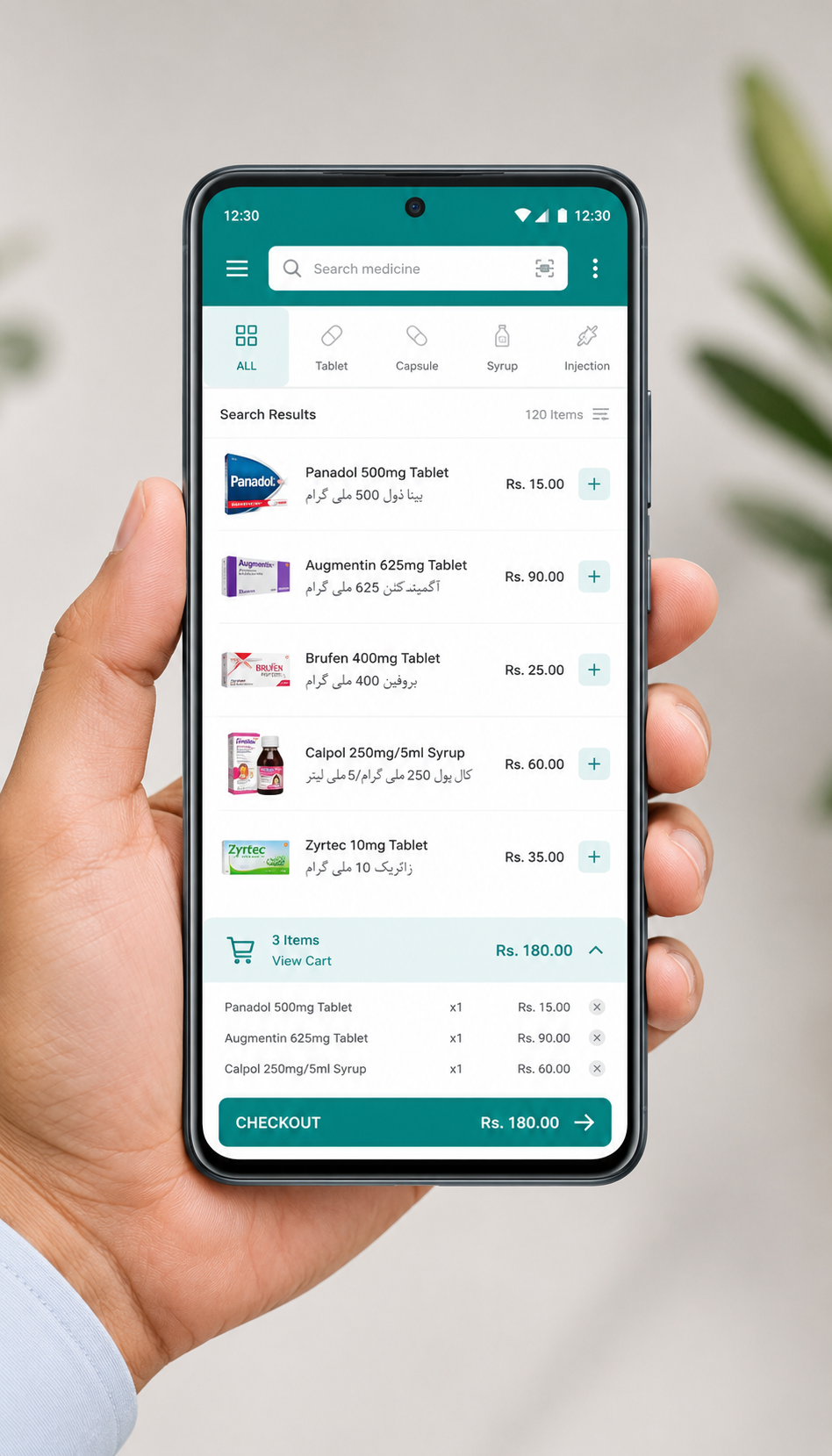 Hand holding Android phone with DoseBook pharmacy billing app