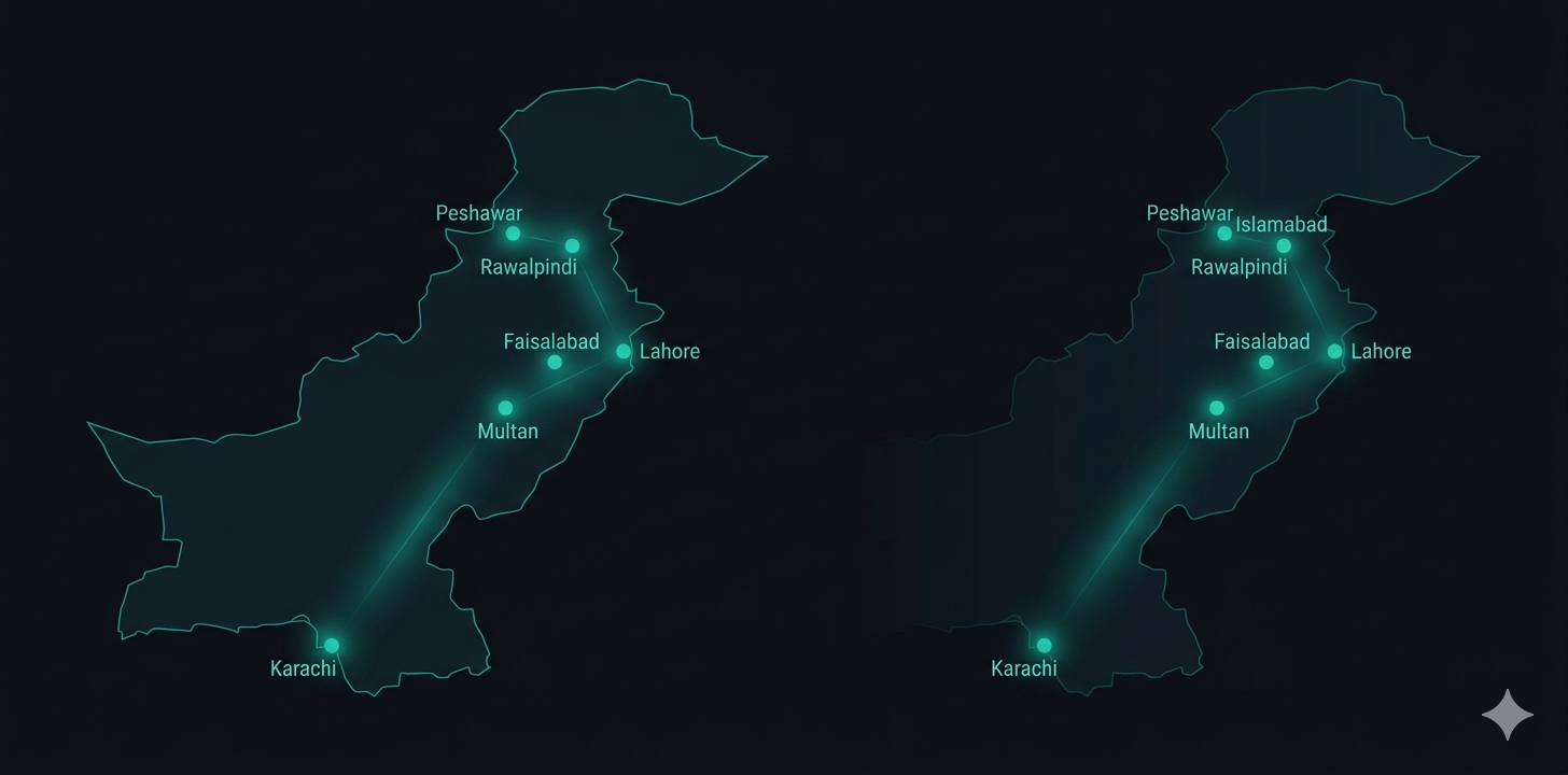 Map of Pakistan showing DoseBook pharmacies in major cities